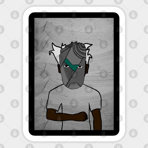 Simon - Dark Male Character with Crayon Mask and Waves Background Sticker by Hashed Art